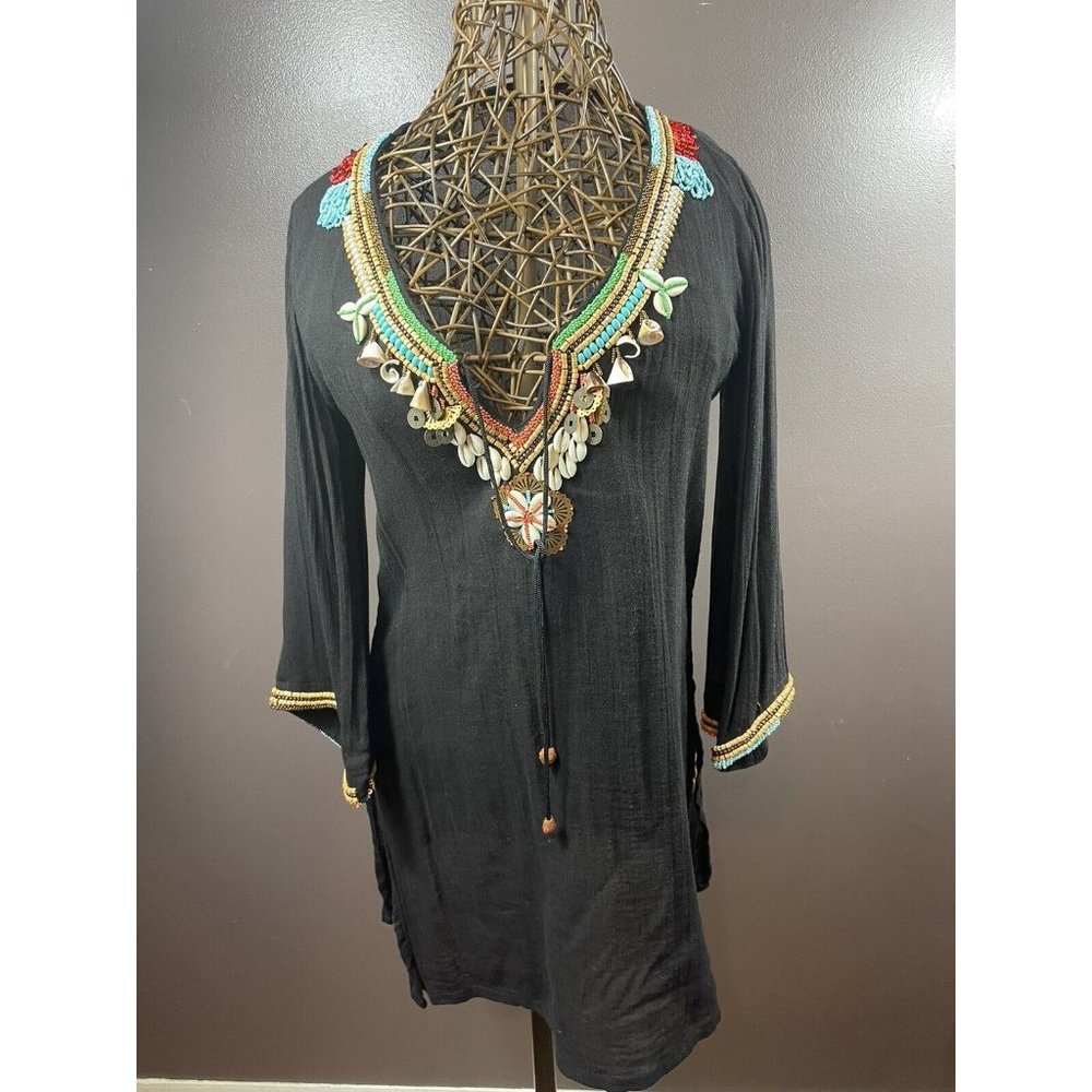 Key Lime & Pink Womens Small 3/4 Sleeve Sheer Tunic Top Black Embellished Shells